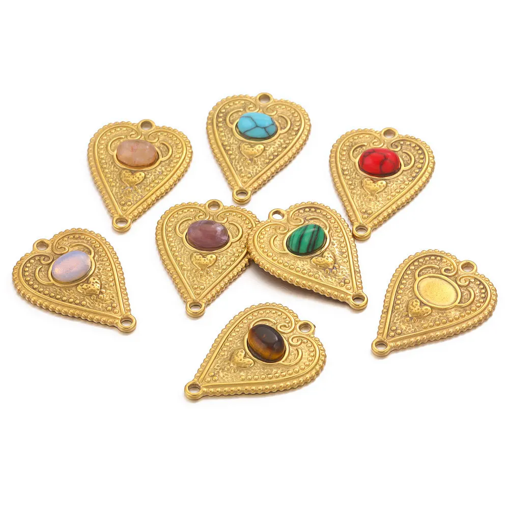 Stainless Steel Oval Bohemian Natural Stone Heart Pendant DIY Accessory Accessories Necklace 3