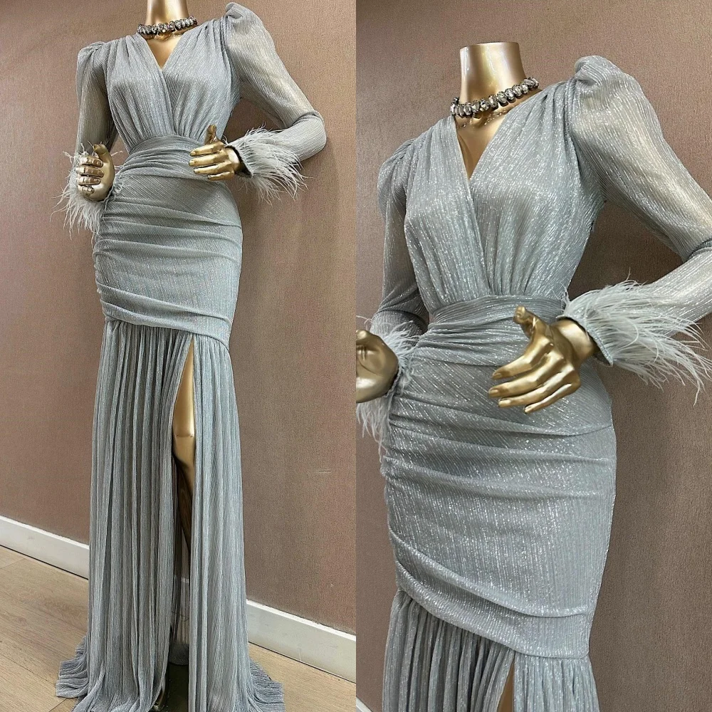 Sparkle Exquisite  High Quality Chiffon Draped Pleat Feather Clubbing A-line V-Neck Bespoke Occasion Gown Long Dresses