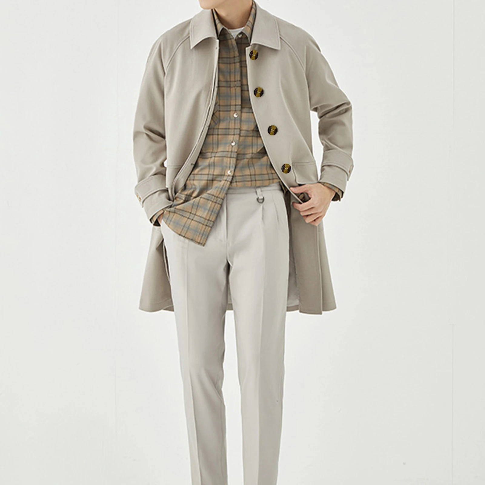 Men's Jackets Spring Single Breasted Medium-Long Trench Coat Male Solid Color Khaki Coat Windbreaker Large Size