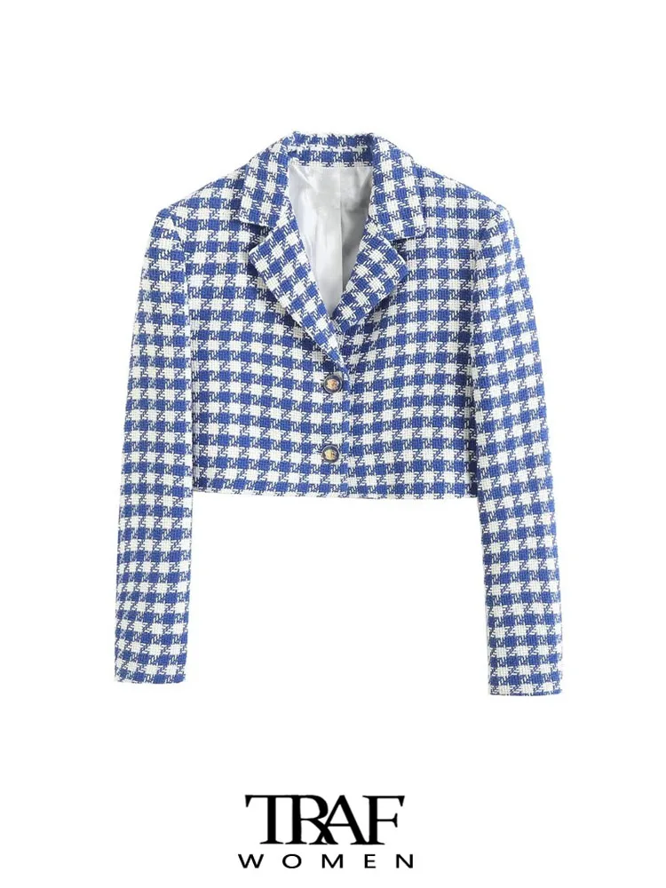 

TRAF Women Fashion Tweed Cropped Blazer Coat Vintage Long Sleeve Front Button Female Outerwear Chic Vestes Femmes