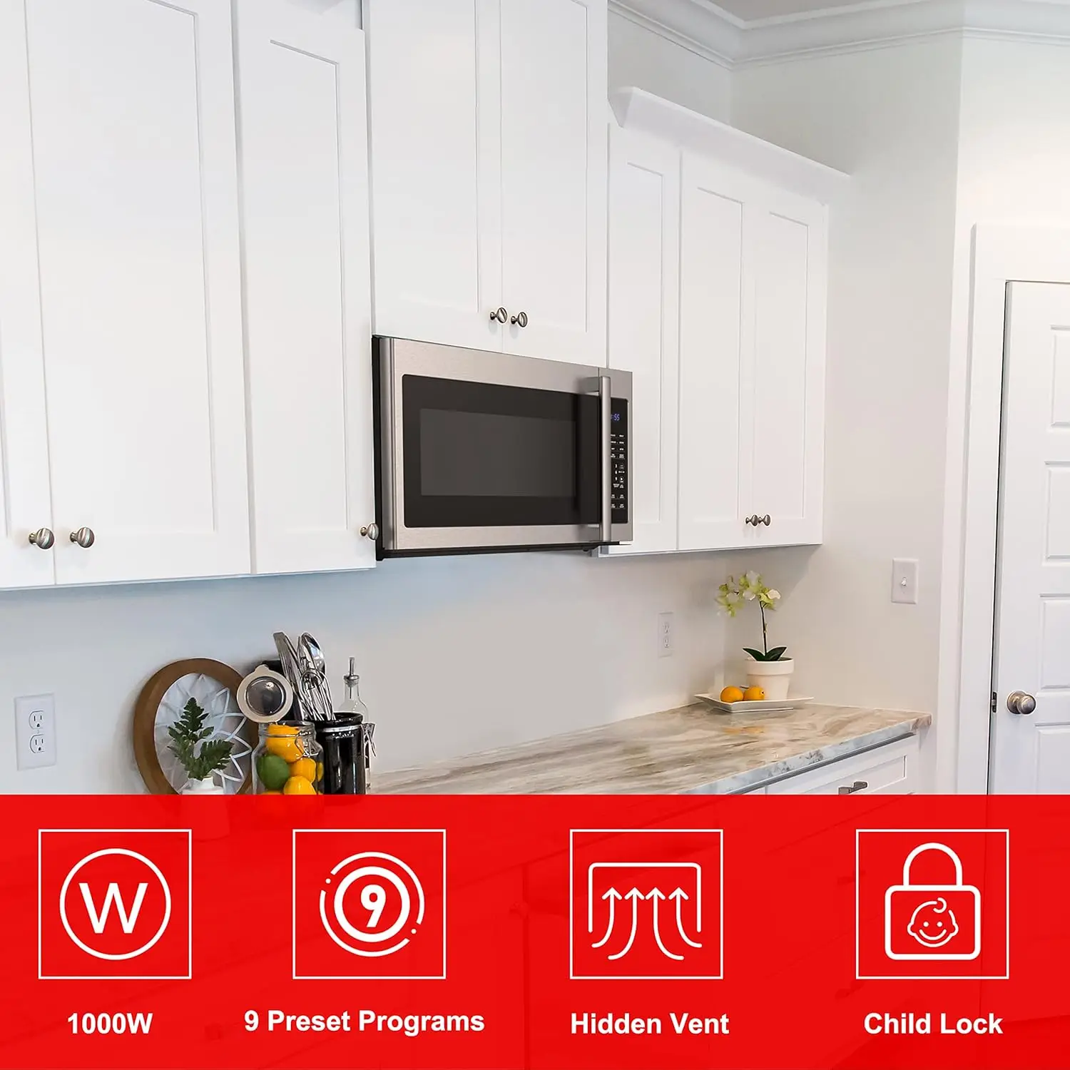 GLOMJA17S2B-10 Over-The-Range Microwave, Energy Saving/ECO Mode, 30-second Express Cooking, 9 Auto-cook Programs, 1000W/120Volts 3