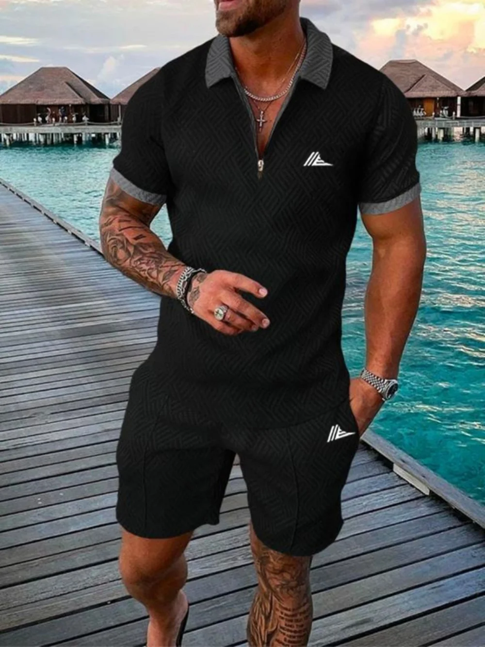2025 Men's trendy summer short sleeve printed suit Beach style series creative pattern lapel breathable suit 3