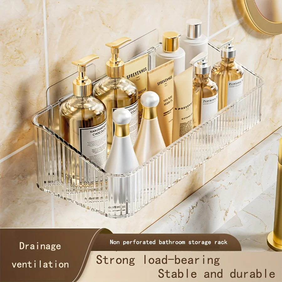 Luxury PET Plastic Wall-Mounted Bathroom Shelf - Moisture-Proof Hanging Storage Rack with Drainage for ToiletriesProducts 4