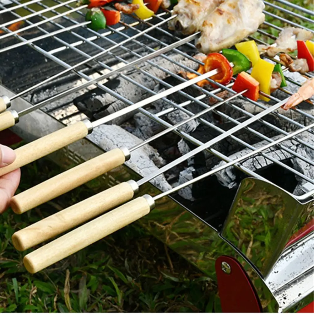 Description Picture 3 of item10pcs/set Wooden Handle Flat Barbecue Skewers Anti-scald Anti-slip Stainless Steel Barbecue Stick 35cm Reusable
