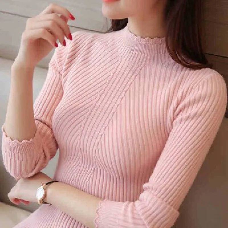 

Autumn Women Mock Neck Ruffles Sweater Long Sleeve Knitted Bottoming Solid Pullovers Stripe For Women Sweater Winter