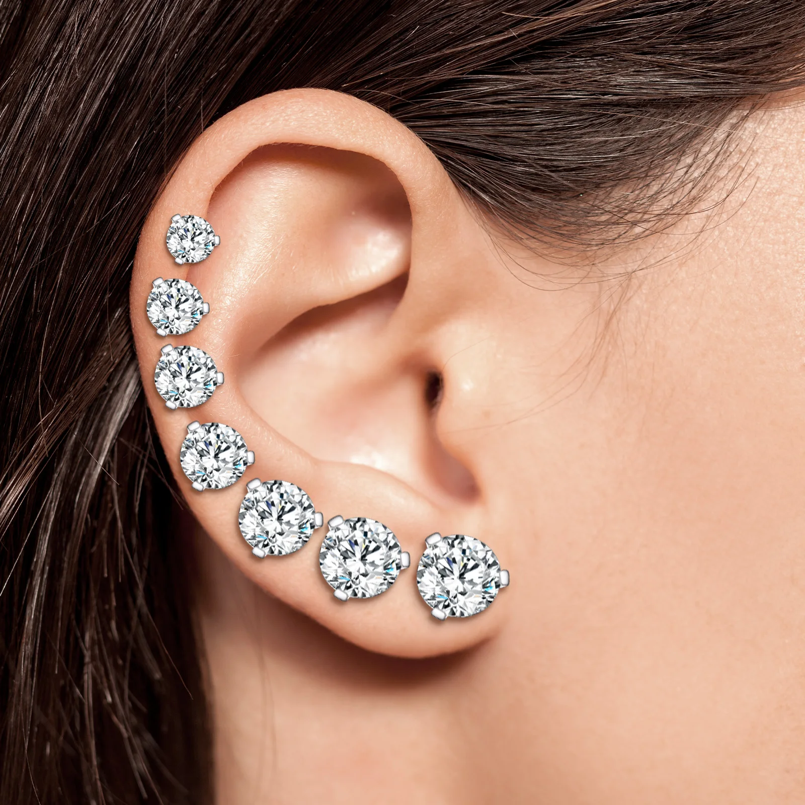 SIMPLI BASIC Orecchini A Bottone In Argento 925 Per Donna - Zirconia Cubica Rotonda 3/4/5/6mm - Ipoallergenici E Senza Nichel - Set Con Pochette