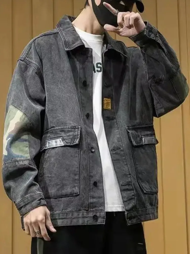 

Men Camouflage Patchwork Denim Jacket Trend Versatile Casual Men Jacket Loose Large Size Cotton Vintage Black Outerwear Coat