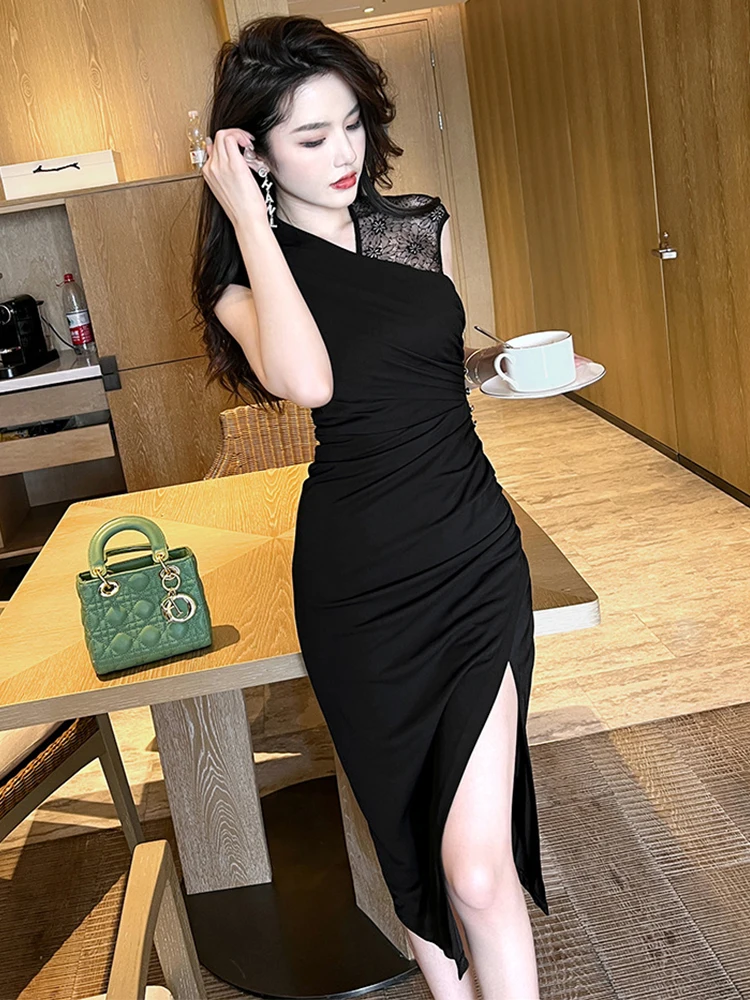 Summer Dresses Women Midi Dress Elegant Sexy Black Cotton V