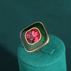 Timeless Pink Crystal & Green Enamel Gold Ring - Elegant Antique - Inspired Jewelry Accessory (01)