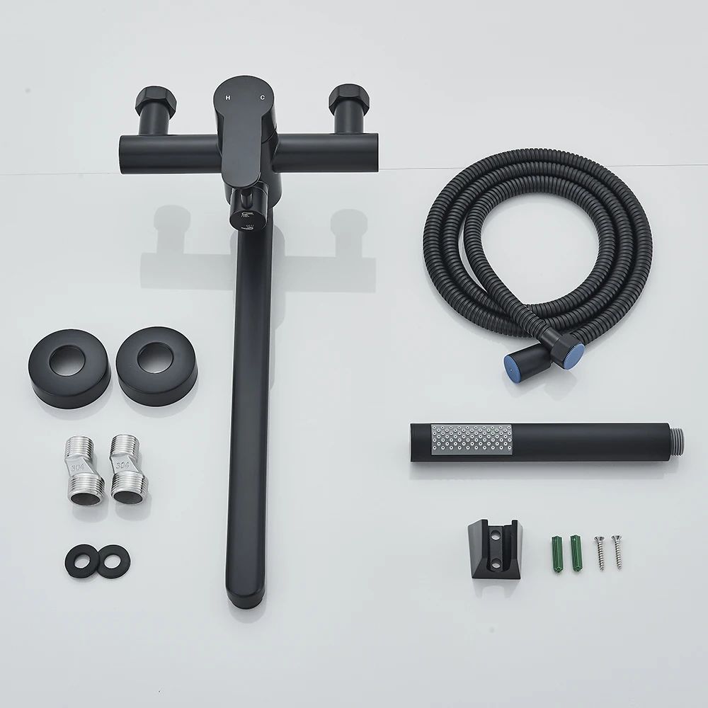 Matte Black Bathtub Faucet Long Spout Rotation Wall Mount with ABS Handshower Cold Hot Water Mixer Bathroom Shower Faucet 5