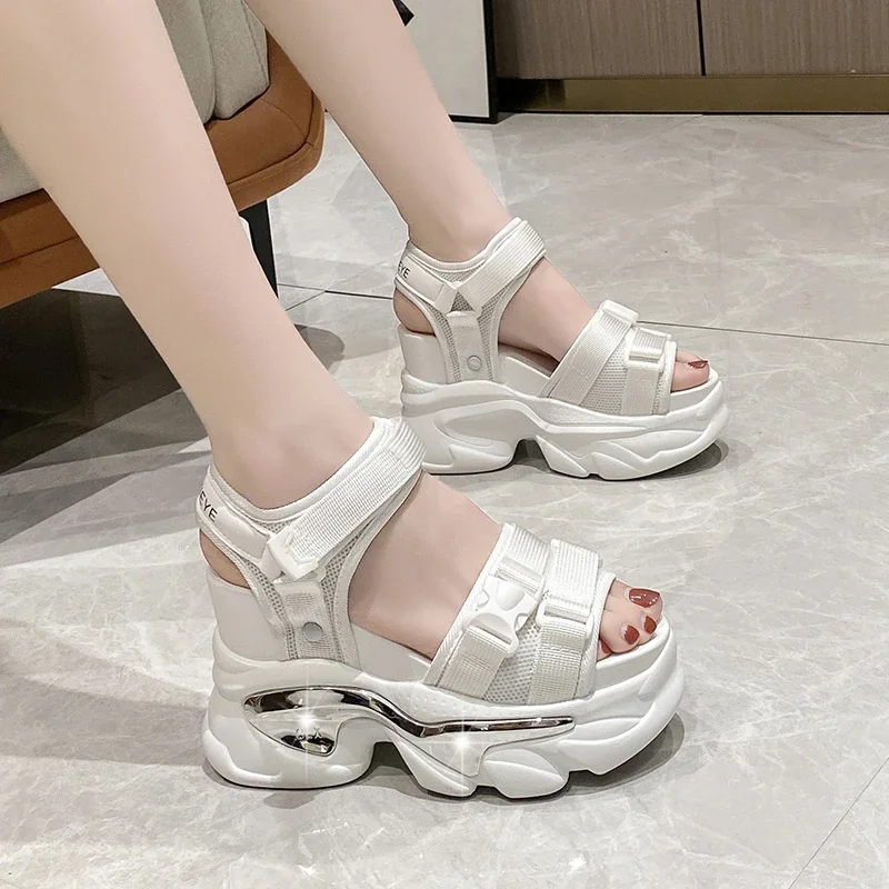 女性用オープントゥサマーサンダル,厚底10cmヒールのウェッジ