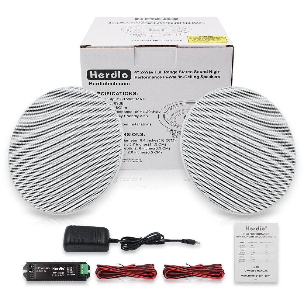 Herdio 2PCS 4'' 160W Way Flush Mount Amplifier Bluetooth Ceiling Speakers Great For Humid Indoor Outdoor Placement Bath Kitchen