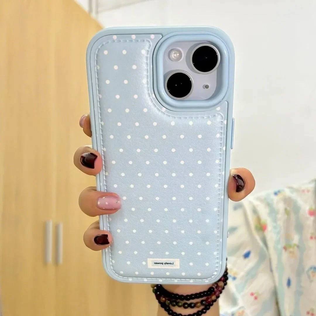 Korean Blue and Pink Polka Dots Shockproof Leather Phone Case