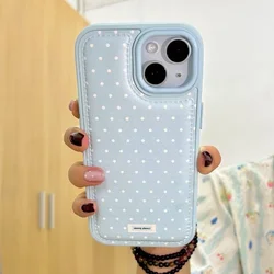 Korean Blue and Pink Polka Dots Shockproof Leather Phone Case - iPhone 15 Plus (Blue)