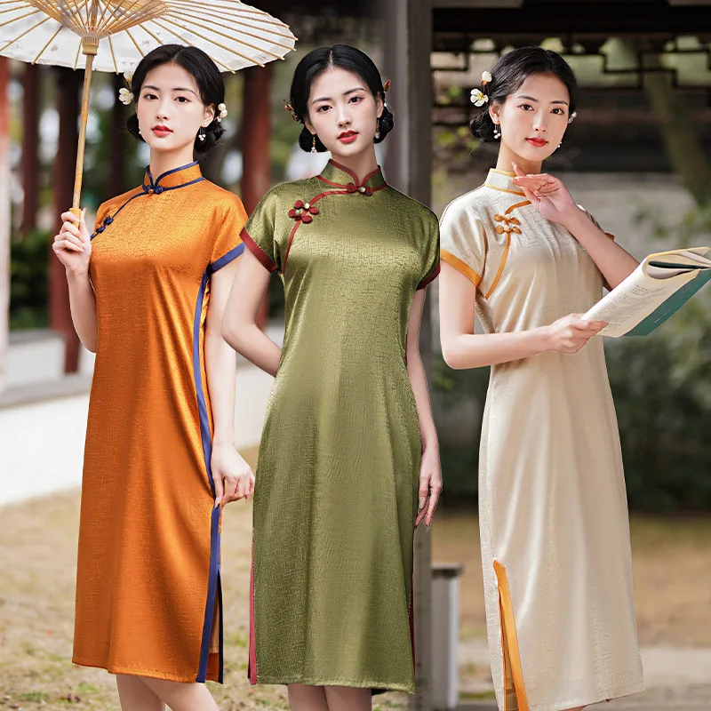 

Traditional Chinese Mandarin Collar Jacquard Satin Short Sleeve Cheongsam Elegant Loose Knee-Length Qipao Size S-2XL