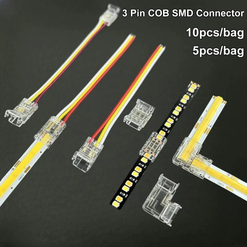 LED Strip Light Connector 3 Pin 8mm 10mm Crystal Buckle SMD COB 3 Way Corner Connector for LED Strip Lighting 5-10pcs Pack