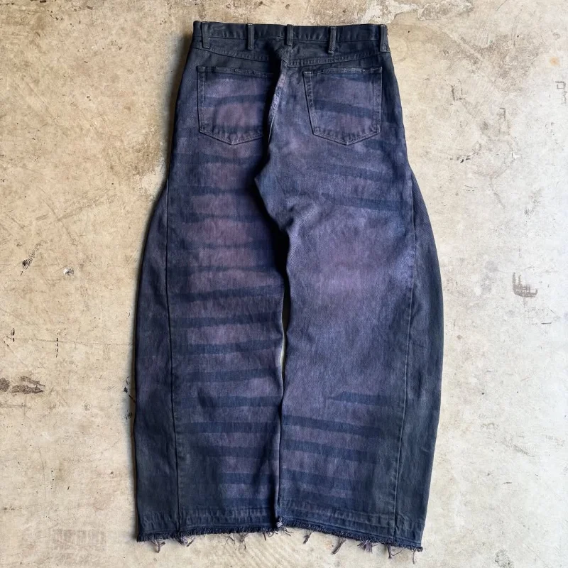 Striped Tie-Dye Denim Pants Skull Print Ripped Distressed Detail Frayed Hem Vintage Washed Streetwear Casual Men Jeans