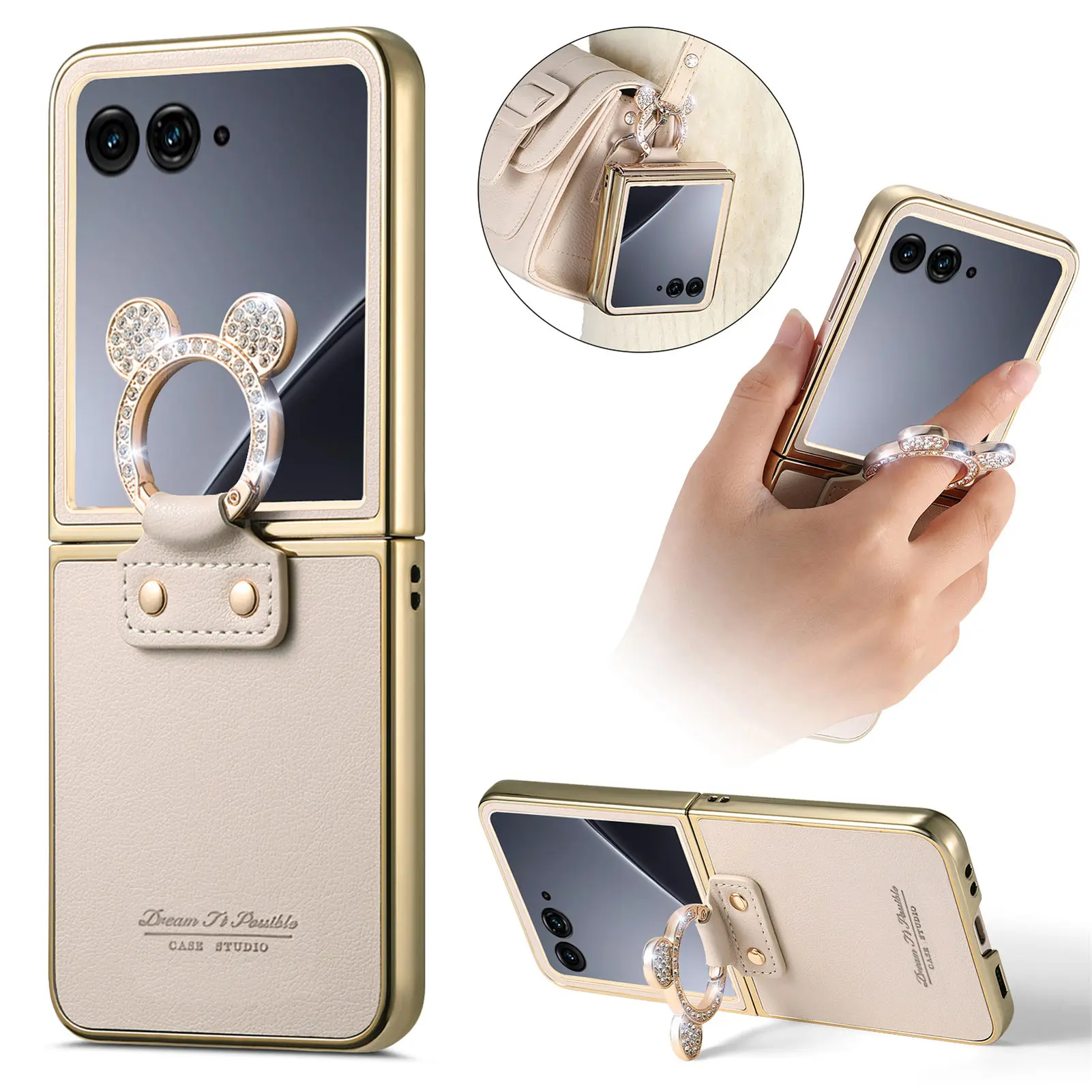 Elegant Magnetic Ring Holder Leather Case with Diamond Accents - Shockproof & Stylish Cover