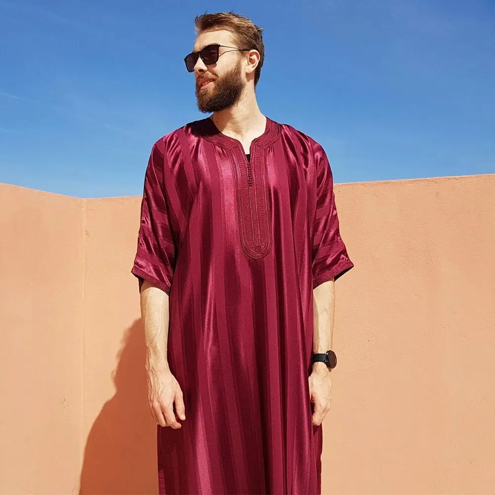 

Vintage Abaya Islamic Muslin Fashion Arabic Men Clothing Jubba Thobe Kaftan Dress Embroidery Striped Casual Robe