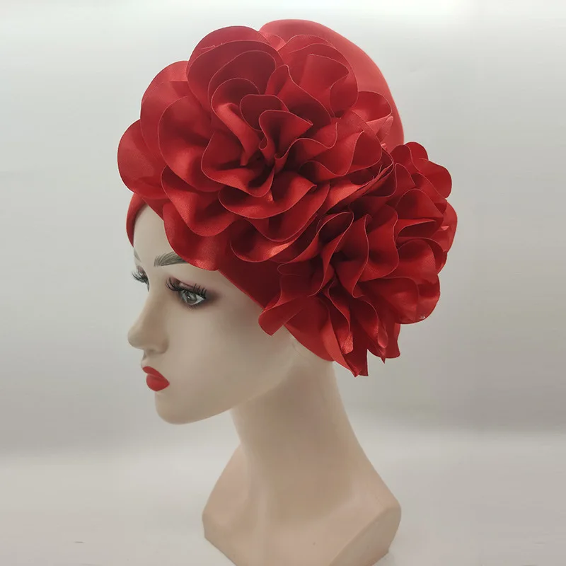 Trendy Silk Flower Turban Cap for Women Soild Color Beanies Hat Muslim Headscarf Hijab Bonnet Female Head Wraps Turbante Mujer 2