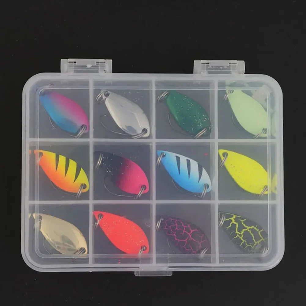 12 stücke Box Kit Metall Löffel Angeln Locken Wobbler Casting Jigging Tackle Zubehör Pesca Chub Einzigen Haken Spinner Köder Forelle bass