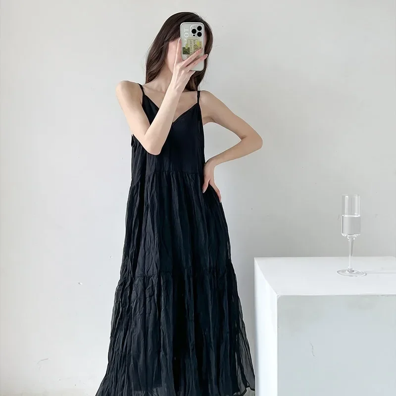 

LKSK Womens Black Loose Pleated Beach Dress Summer Drape Feeling Extra Long Section Bottoming Sling Skirt