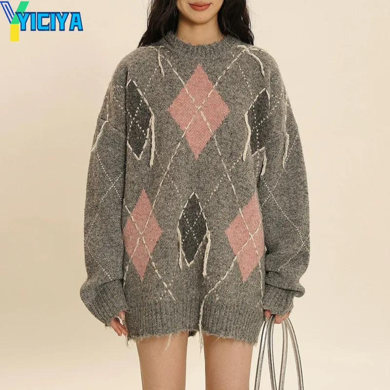 

YICIYA Tassel Diamond pattern Thickening Pullover sweater Korean fashion Women Knitted new outfit Knitwear winter streewear 2023