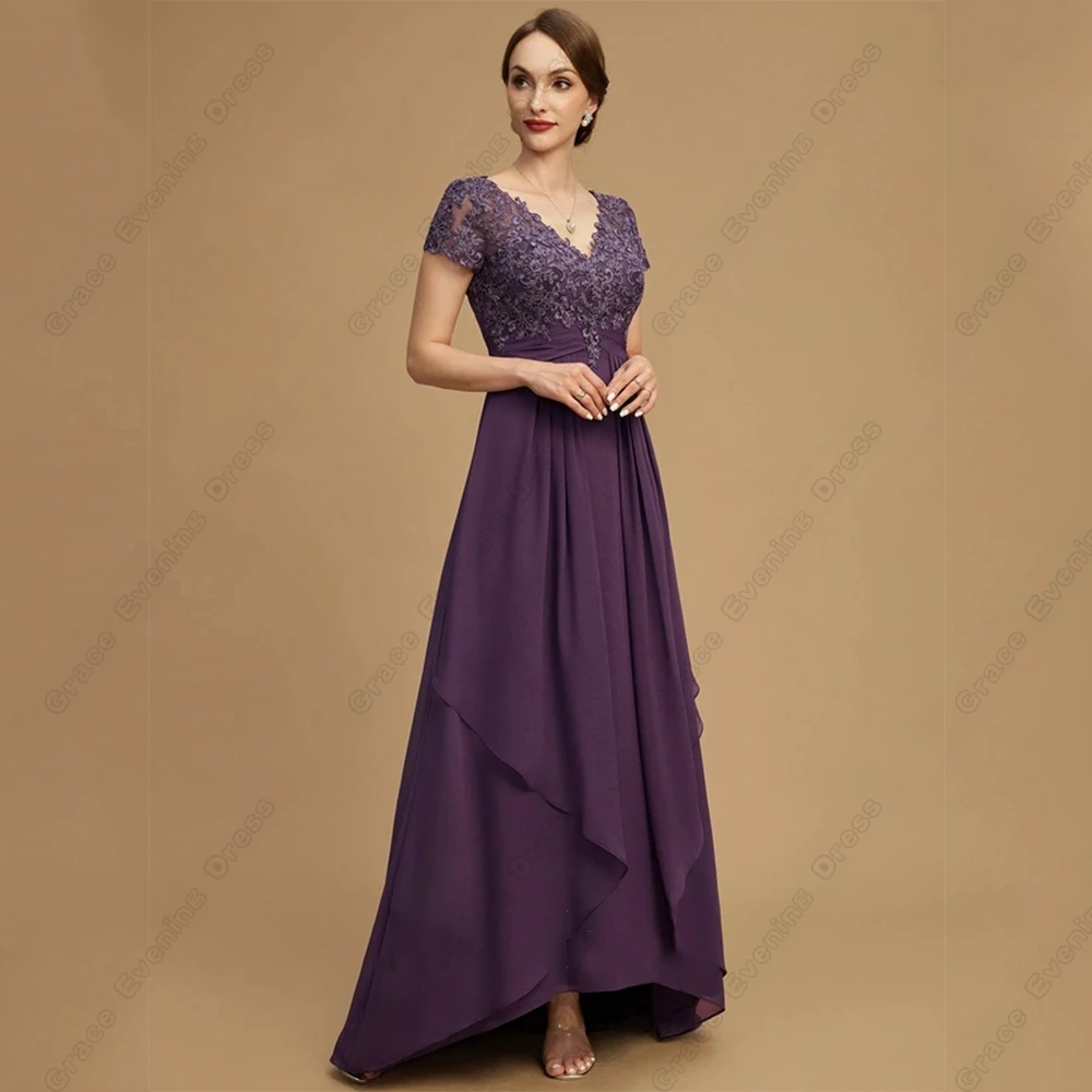 

Purple Strapless Mother of Bride Dresses with Lace Short Sleeve Chiffon Wedding Party Gown 2023 Summer Beach Vestido De Noche