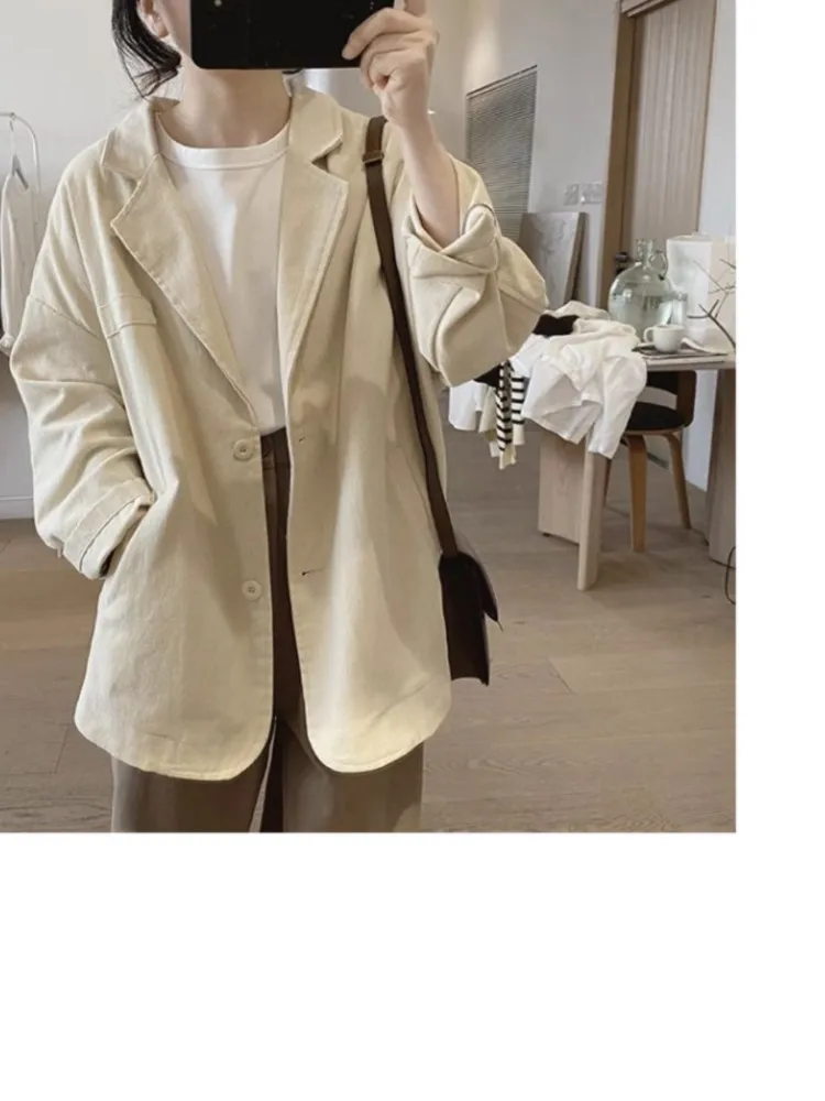 

Beige casual mid length jacket, spring/autumn women's Washed cotton loose cotton workwear jacket, classic one-piece chic top