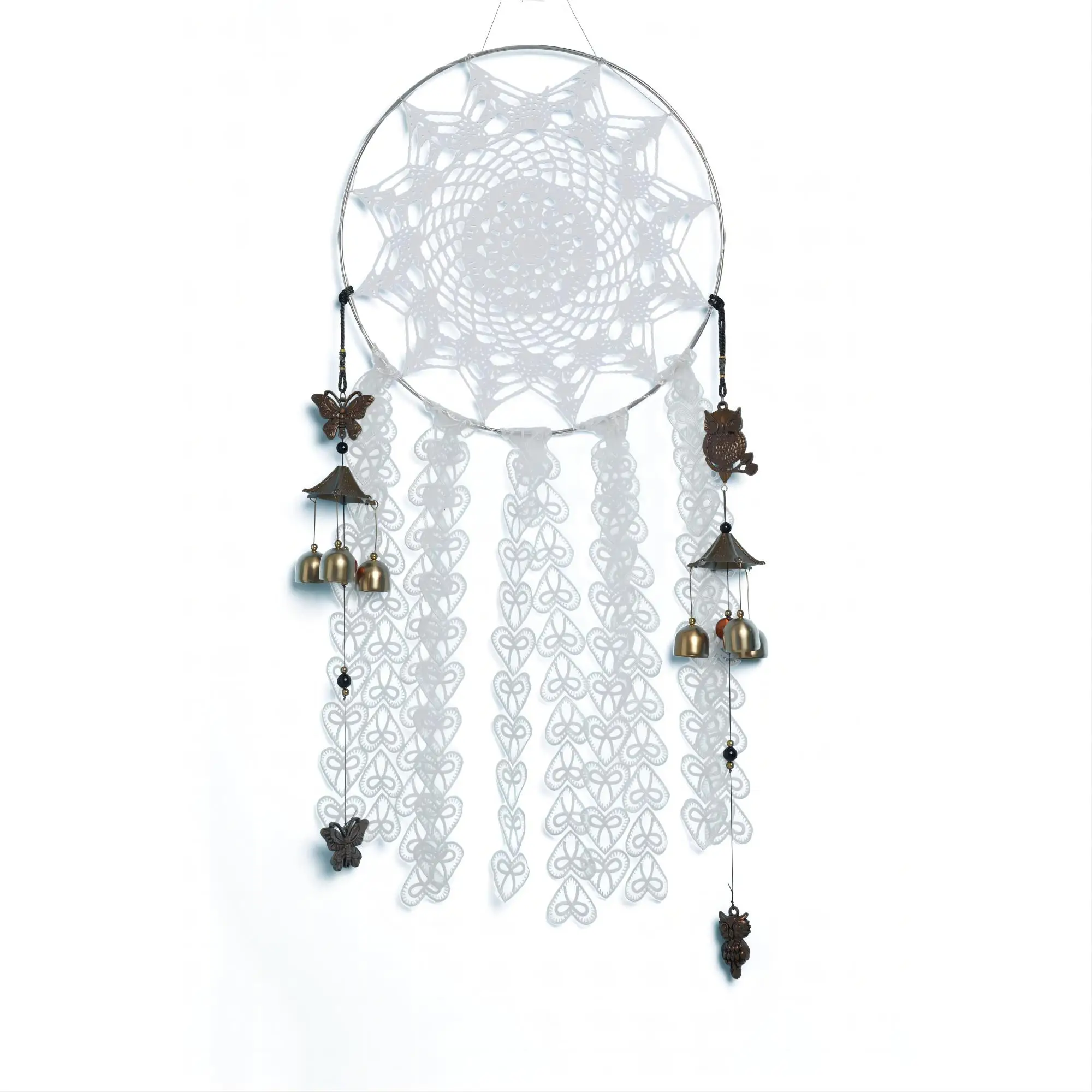 

300mm Dream Catcher White Lace Fringed Dreamcatcher Dangling Windchimes Vintage Wind Chime Charms Owl Butterfly Pendant Bells