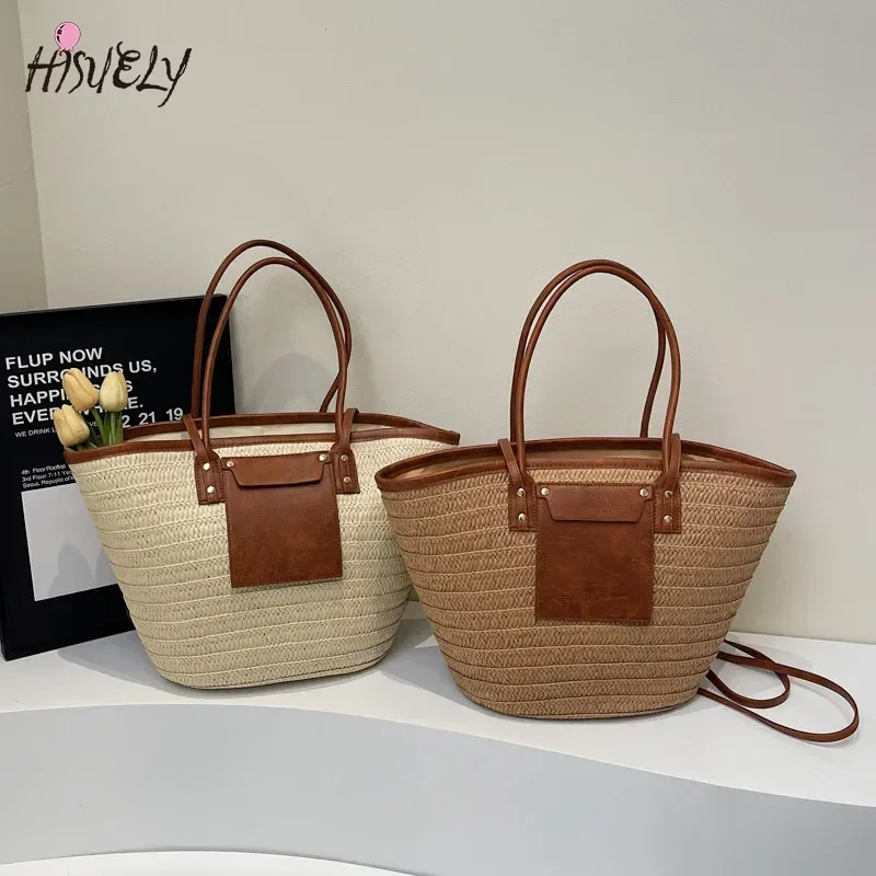 Borse tote con cerniera in tessuto di grande capacità per le donne 2026 Borse a tracolla da viaggio moda coreana estiva Borsa da spiaggia in paglia da donna - immagine 4