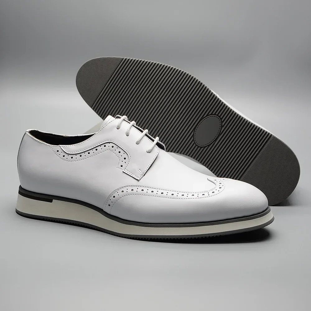 XEBOS Men&rsquo;s White Summer Sneakers Genuine Leather Breathable Lace-up Wing Tip Derby Shoes Casual Outdoor Walking Footwear Male