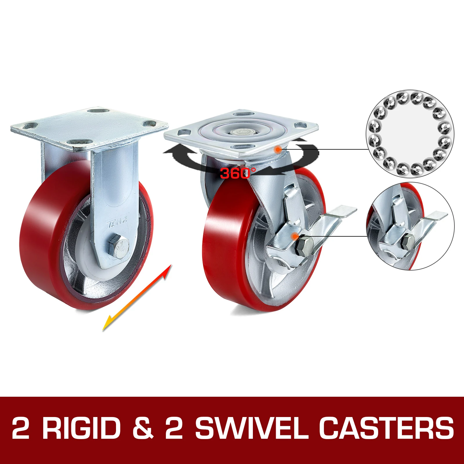Heavy Duty Polyurethane Casters with Side Brake for Industrial Use