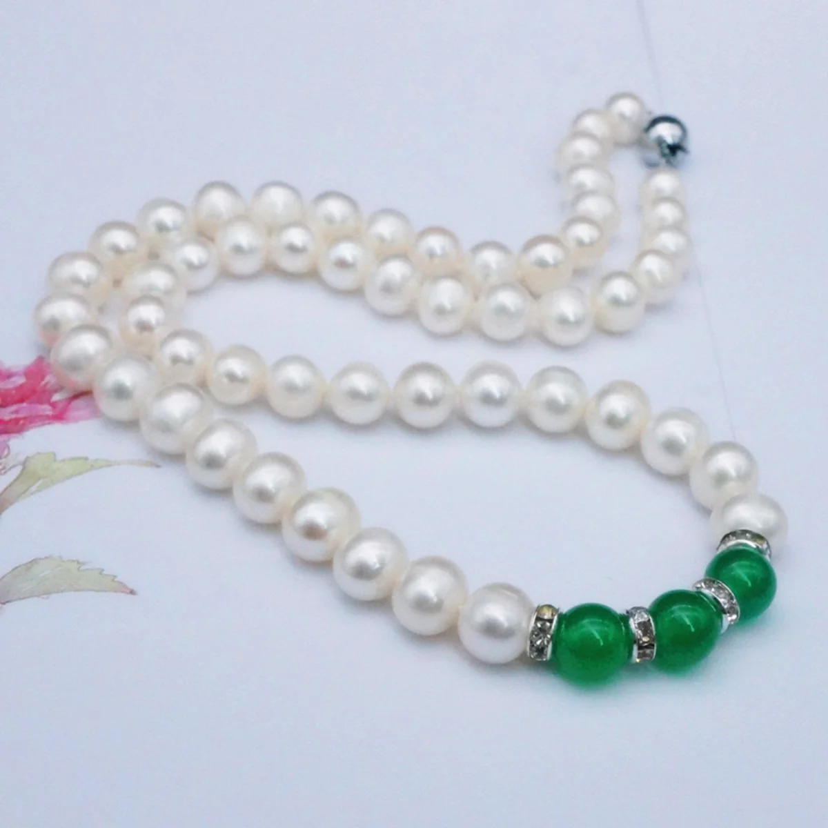 

7-8 8-9mm Near Round White Genuine Freshwater Pearl Necklace with Green Jades Chalcedony Bead Chains Women Jewelry Making Design