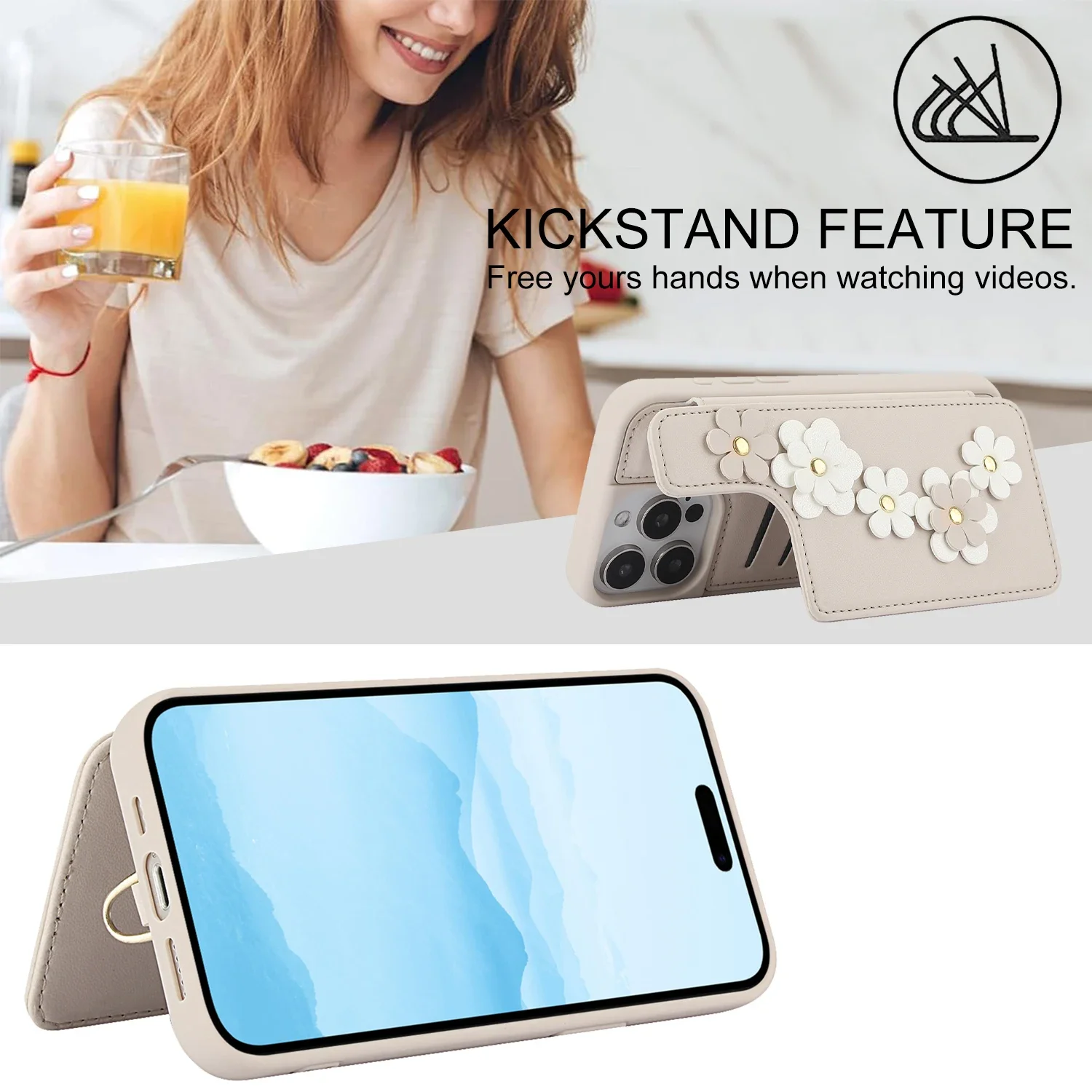 Skulderveske med håndleddsstropp og blomstermotiv til iPhone 16 15 14 13 12 11 Plus Pro Max XS XR X 7 8 Lommebok med kortholderdeksel_voghion.com