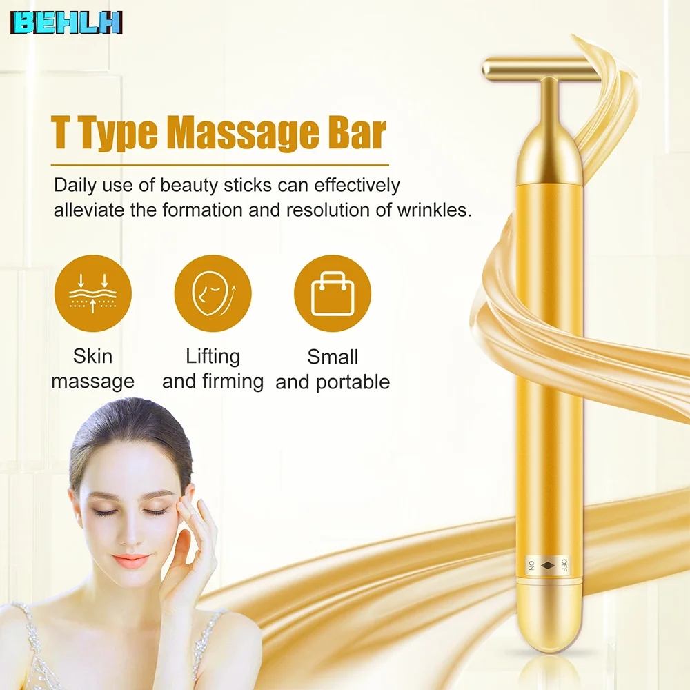 Energy 24K Gold T Beauty Bar Facial Roller Massager T-Shape Lips Tattoo Fog Eyebrow and Lip Pulse Firming Face Massage Lift Tool