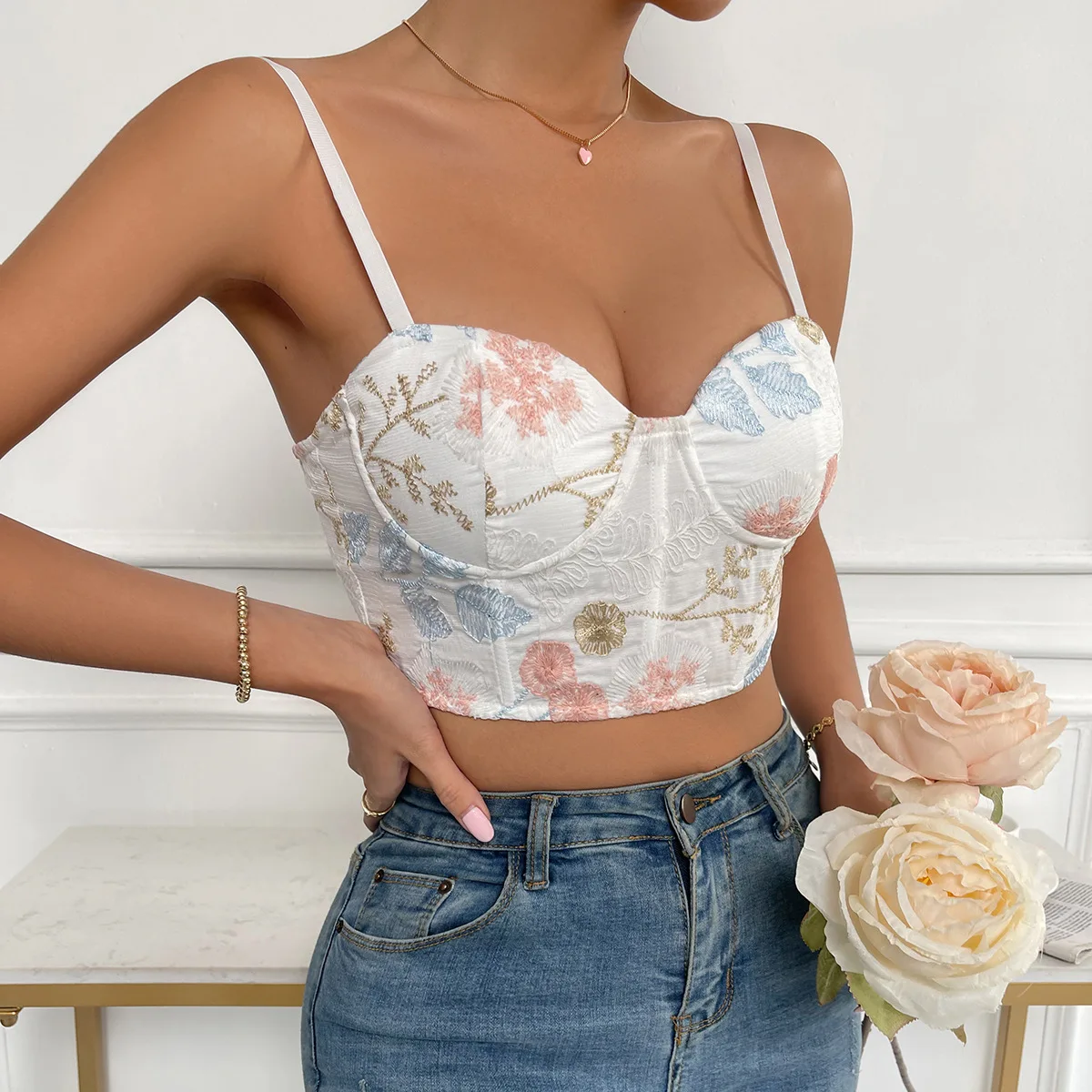 

Sleeveless Corset Crop Tops Sexy Tank Top Woman Clothes Summer Halter Bustier with Underwire Slim Camis Strap Removable Two ways