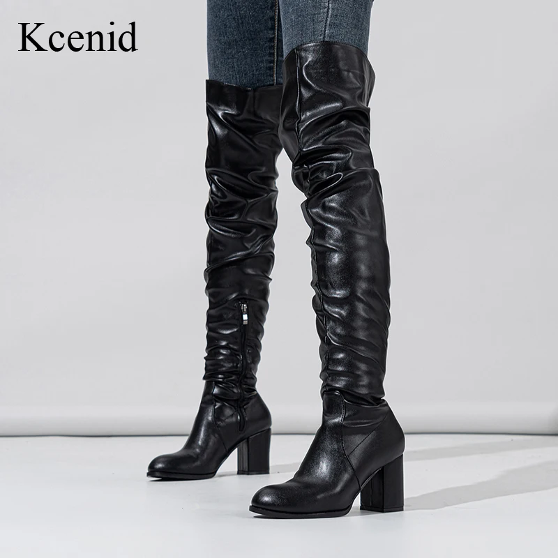 

Kcenid 2023 Trend Pleated Stretch Boots Women Over The Knee Boots Fashion Zip Round Toe Chunky Square Heels Motorcycle Shoes