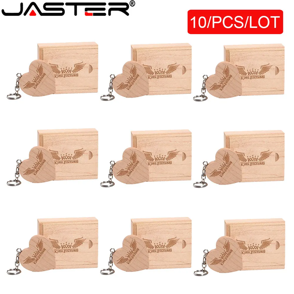 

JASTER 10PCS/LOT USB 2.0 Flash Drives 128GB Free custom logo Walnut wood heart box Memory stick 64GB 32GB Pen drive 16GB U disk