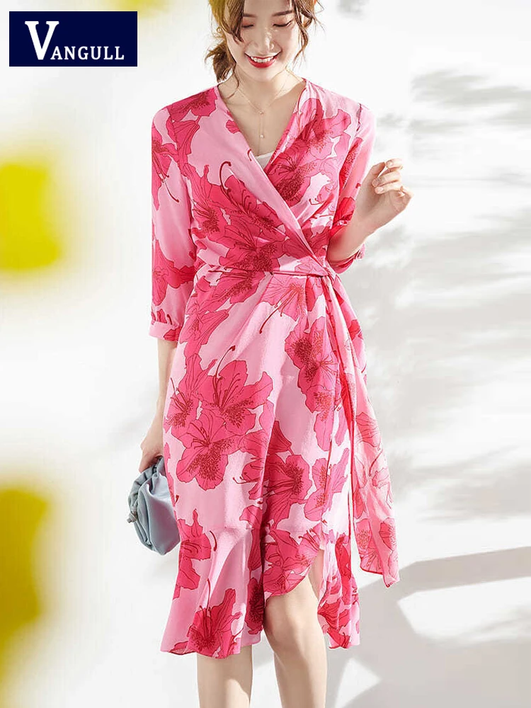 

Vangull Fashion Floral Print Pink Dress Women V-Neck Elegant Half Sleeve Dress Female Hem Slit Lace Up Ladies Summer Party Dress