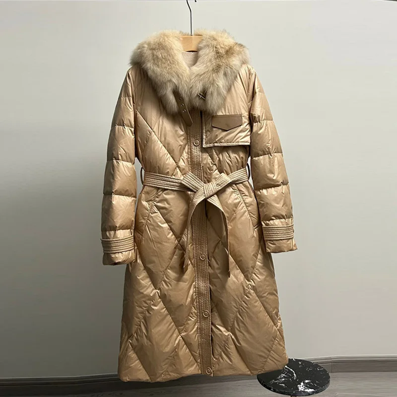 Down Jacket with White Duck Down Filling Long Sleeved Jacket Winter New Long Style Thickened Fox Fur Collar Jacket