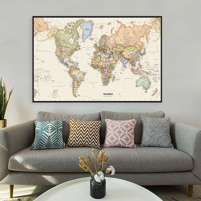 World Map Poster 150*100cm The World Map Poster Retro Non-woven Canvas Painting Wall Art Decorative Hanging Picture Room Office School Supplies
