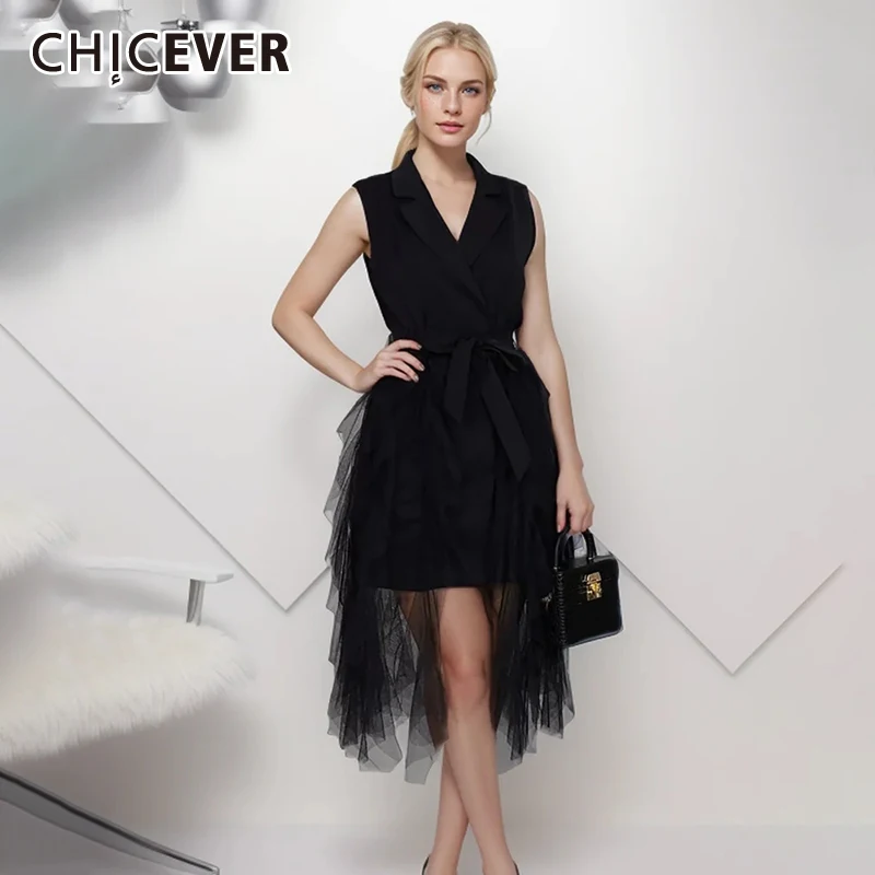 

CHICEVER однотонное лоскутное платье на шнуровке для женщин с отворотом без рукавов с высокой талией элегантное Сетчатое платье женское дизайнерское платье