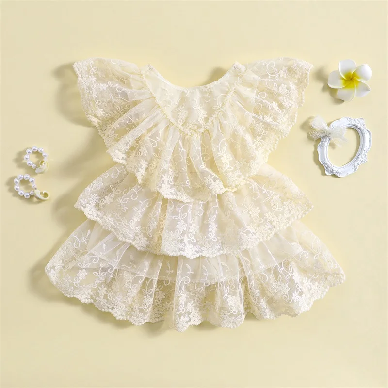 

Suefunskry Baby Girls Casual Princess Dress Flying Sleeve Lace Floral Tiered Ruffle Dress Summer Clothes 3-24Months