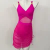 2025 New Style Women's One Piece Swimsuit Tummy Control Swim Dress Halter V Neck Ruched Mesh Bathing Suit Beach Wear