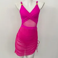 2025 New Style Women's One Piece Swimsuit Tummy Control Swim Dress Halter V Neck Ruched Mesh Bathing Suit Beach Wear