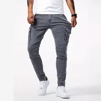 Men Multi Pocket Small Slim High Street Jeans Male Fashion Casual Pencil Elasticity Denim Pants Comfortable Wash Solid Trousers