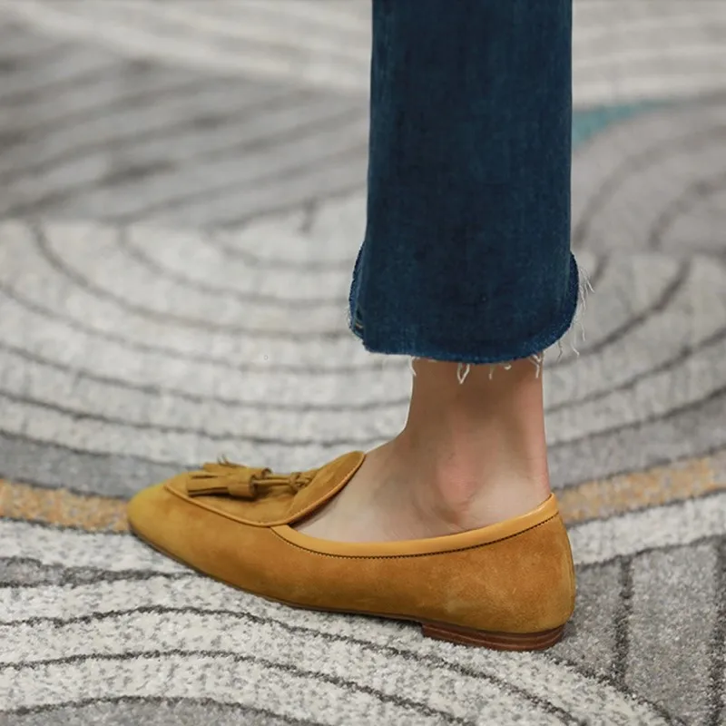 

Genuine Leather Lady Mules Spring Autumn Women Fringe Flats Size 42 Round Toe Loafers Women Flats Korea Style Simple Flat Shoes