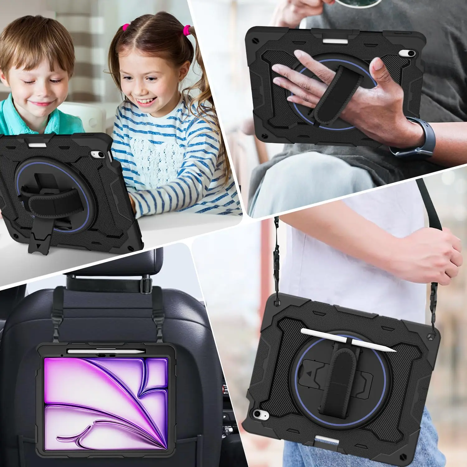 Heavy Duty Rotating Shockproof Tablet Case with Stand and Shoulder Strap - Black