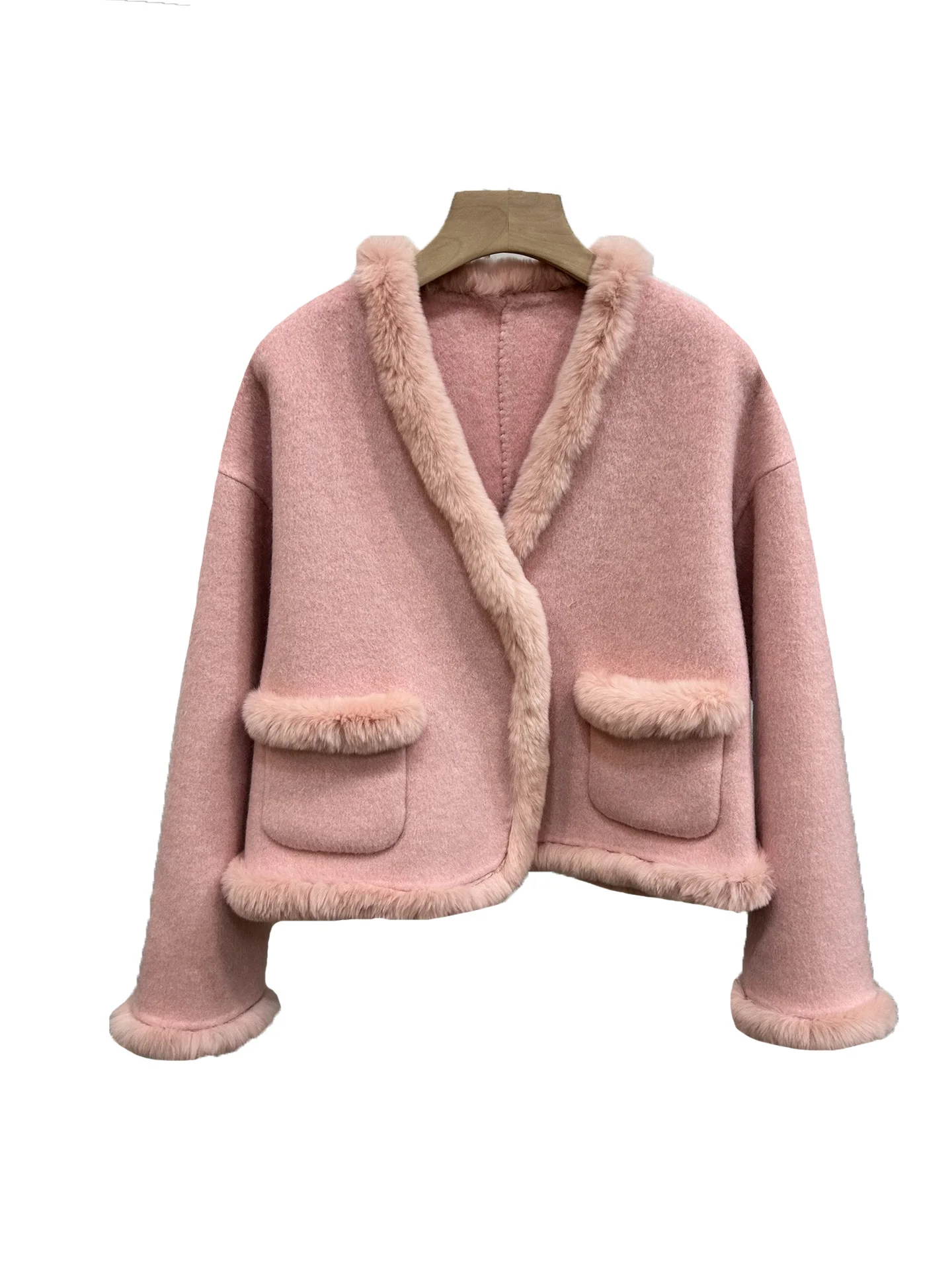 

Tweed jacket V-neck short loose version splicing collar design warm and comfortable 2024 winter new 0106